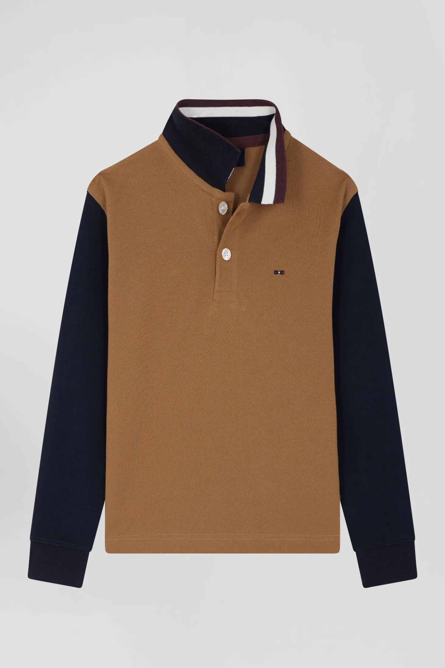 Polo manches longues en piqué coton camel col tricolore jacquard Eden Park coupe Regular