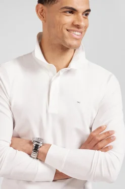 Polo manches longues en piqué coton écru coupe Slim