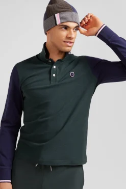 Polo manches longues en piqué coton vert col jacquard écusson gomme coupe Regular