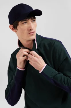Polo manches longues en piqué coton vert détails tricolores coupe Regular