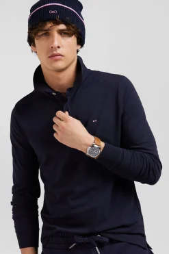 Polo manches longues en piqué coton bleu marine coupe Slim