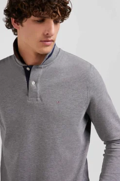 Polo manches longues en piqué coton gris