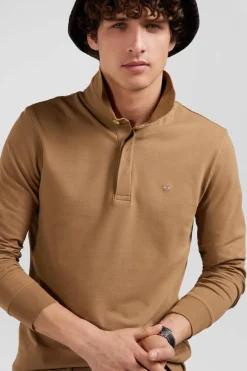 Polo manches longues en piqué coton camel coupe Slim