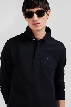 Polo manches longues en piqué coton noir coupe Slim