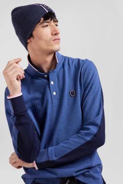 Polo manches longues en piqué coton bleu foncé détails tricolores coupe Regular