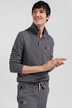 Polo manches longues en piqué coton gris détails roses coupe Regular