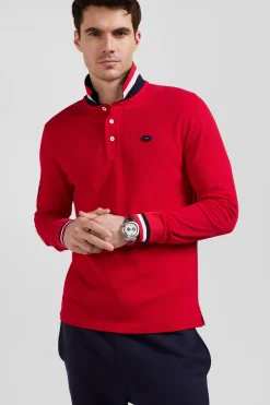 Polo manches longues en piqué coton rouge broderie XV de France coupe Regular