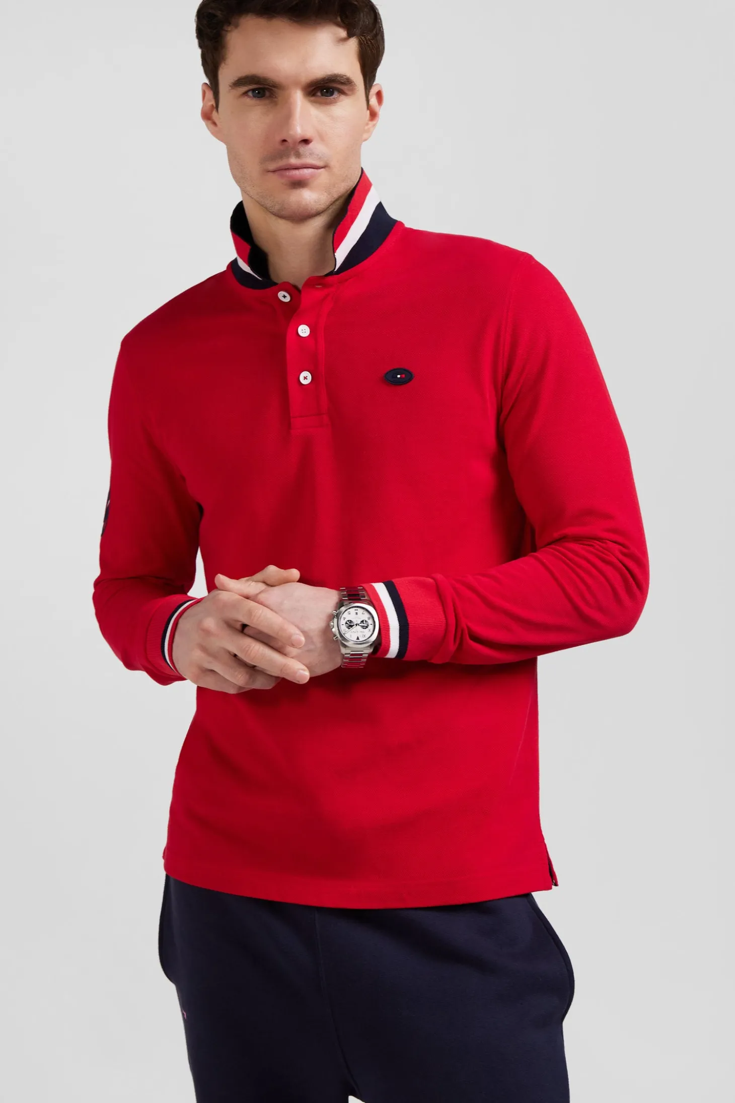 Polo manches longues en piqué coton rouge broderie XV de France coupe Regular