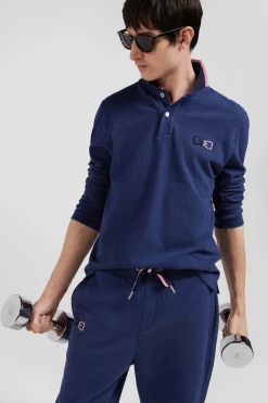 Polo manches longues en piqué coton bleu marine détails roses coupe Regular