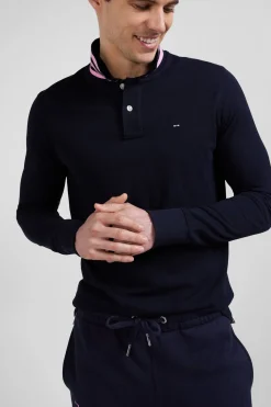 Polo manches longues en piqué coton bleu marine coupe Regular