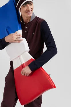 Polo manches longues en piqué coton bicolore bordeaux col jacquard coupe Regular