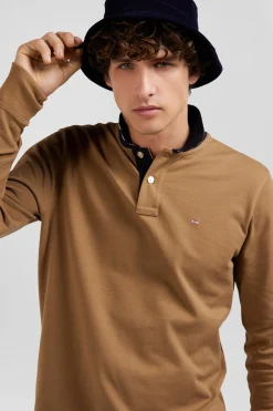 Polo manches longues en piqué coton camel col cerclé coupe Regular