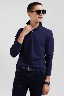 Polo manches longues en piqué coton bleu marine