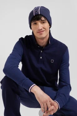 Polo manches longues en piqué coton bleu marine col jacquard écusson gomme coupe Regular