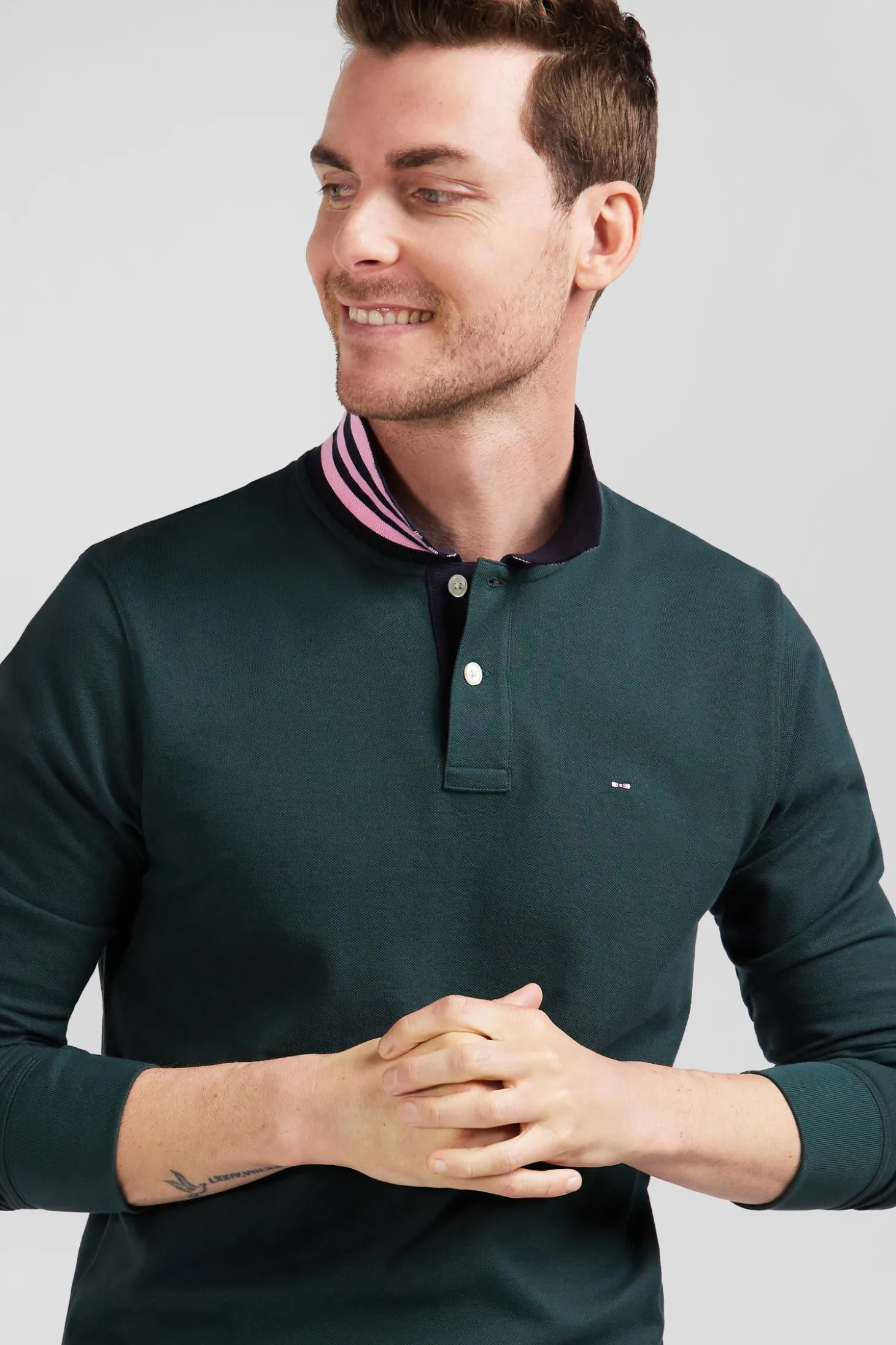 Polo manches longues en piqué coton vert foncé coupe Regular
