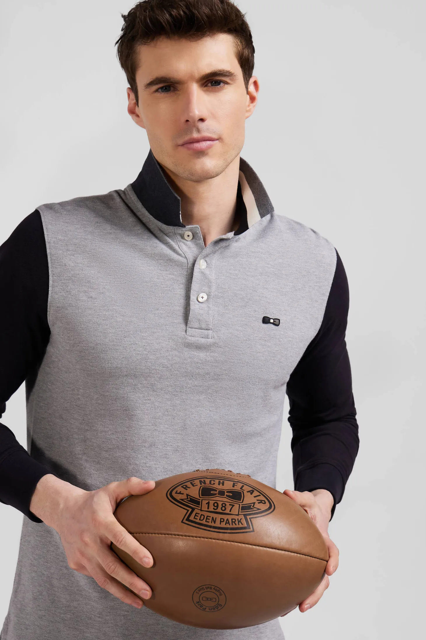 Polo manches longues en piqué coton bicolore noir col jacquard coupe Regular