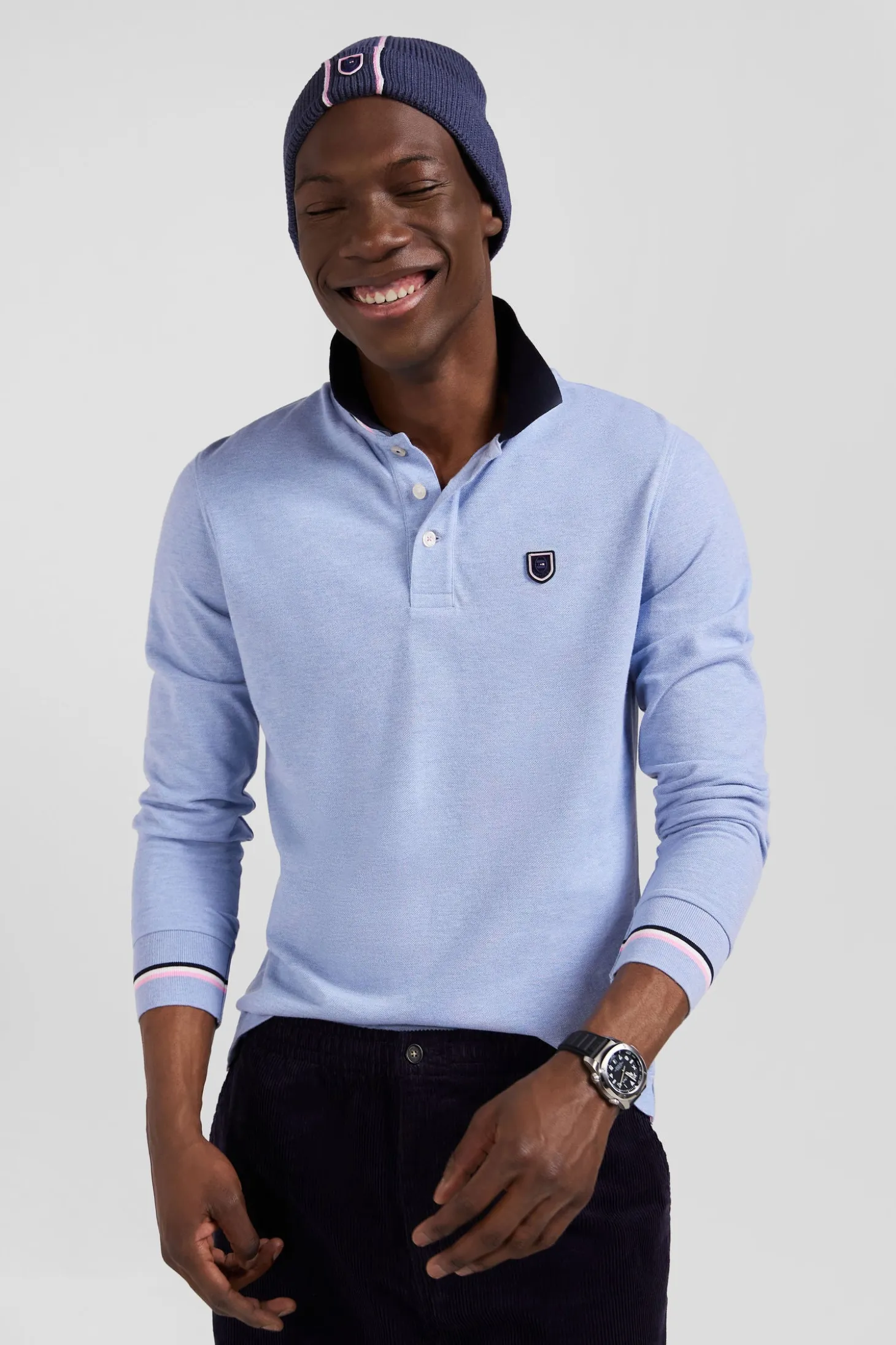 Polo manches longues en piqué coton ciel écusson gomme coupe Regular