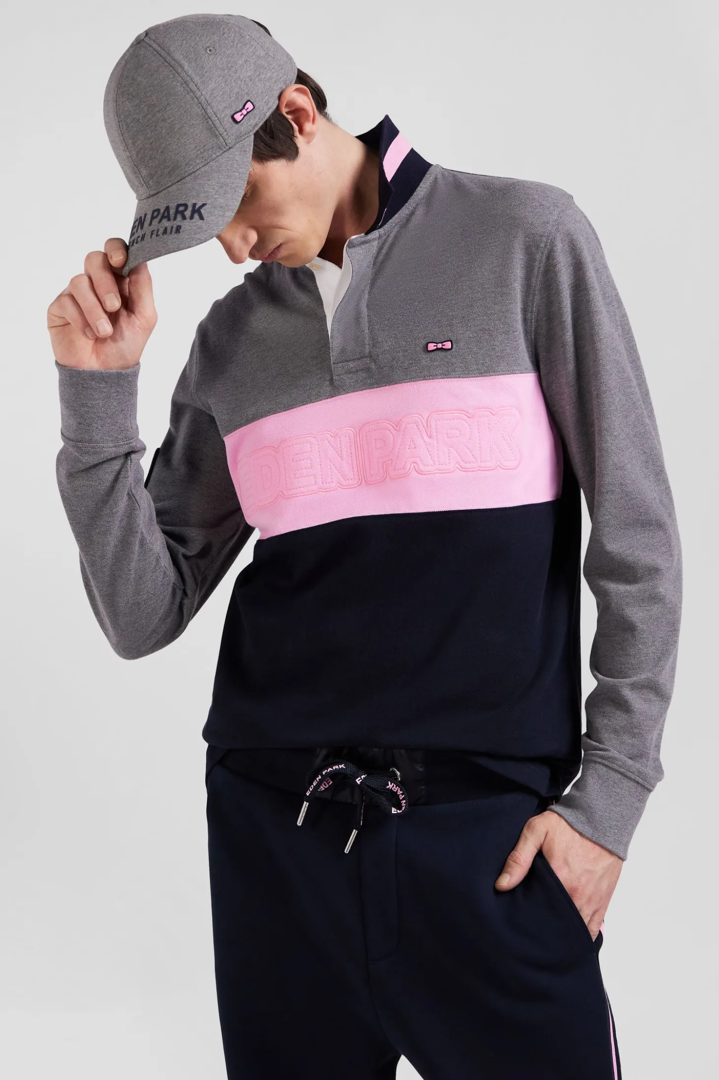 Polo manches longues en piqué coton gris broderie matelassée coupe Regular