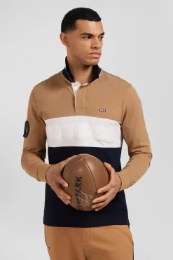 Polo manches longues en piqué coton camel broderie matelassée coupe Regular