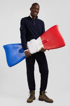 Polo manches longues en piqué coton bleu marine broderie XV de France coupe Regular
