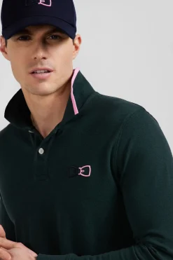 Polo manches longues en piqué coton vert détails roses coupe Regular
