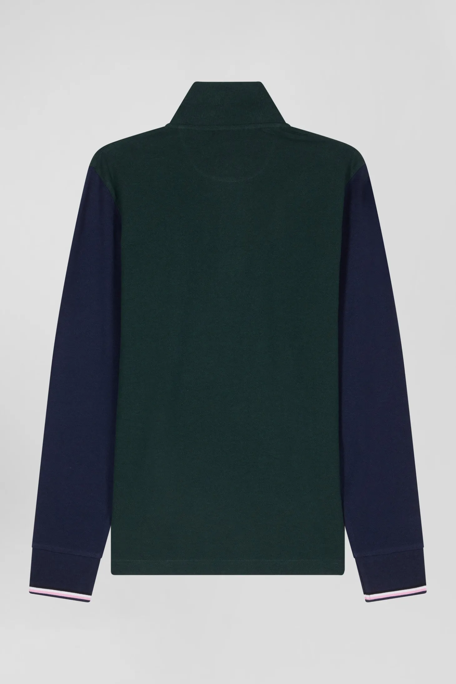 Polo manches longues en piqué coton vert col jacquard écusson gomme coupe Regular