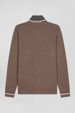 Polo manches longues en piqué coton marron écusson gomme coupe Regular