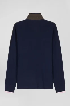 Polo manches longues en piqué coton marron détails tricolores coupe Regular