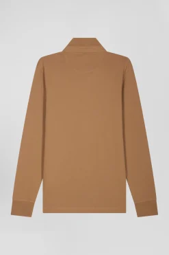 Polo manches longues en piqué coton camel coupe Slim