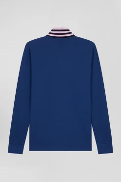 Polo manches longues en piqué coton bleu foncé col cerclé coupe Regular
