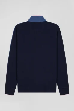 Polo manches longues en piqué coton bleu foncé détails tricolores coupe Regular