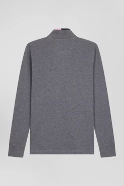 Polo manches longues en piqué coton gris détails roses coupe Regular