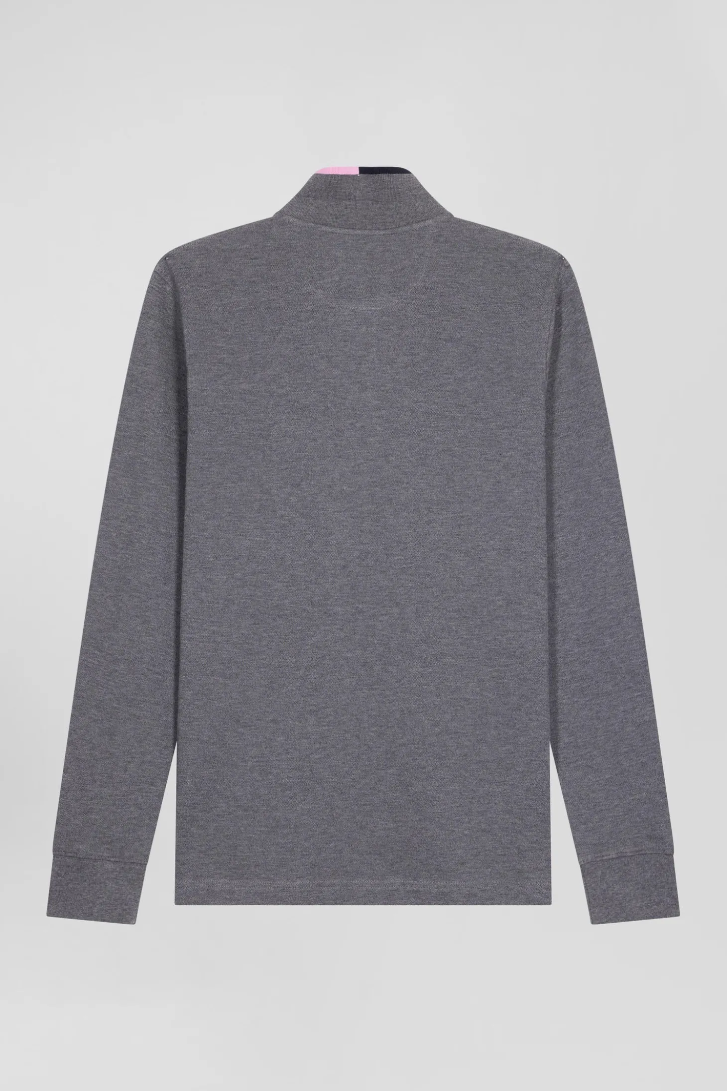 Polo manches longues en piqué coton gris détails roses coupe Regular
