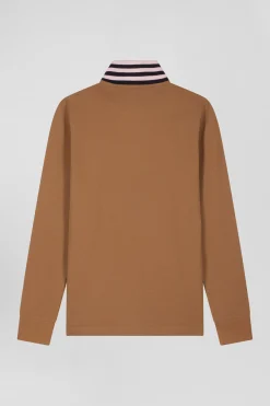 Polo manches longues en piqué coton camel col cerclé coupe Regular