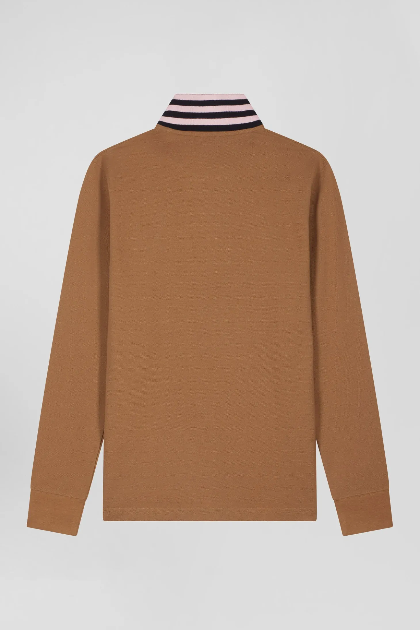 Polo manches longues en piqué coton camel col cerclé coupe Regular