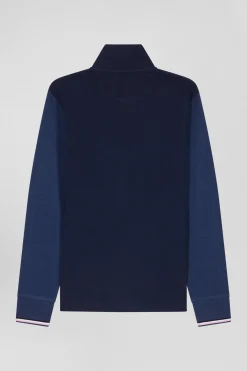 Polo manches longues en piqué coton bleu marine col jacquard écusson gomme coupe Regular