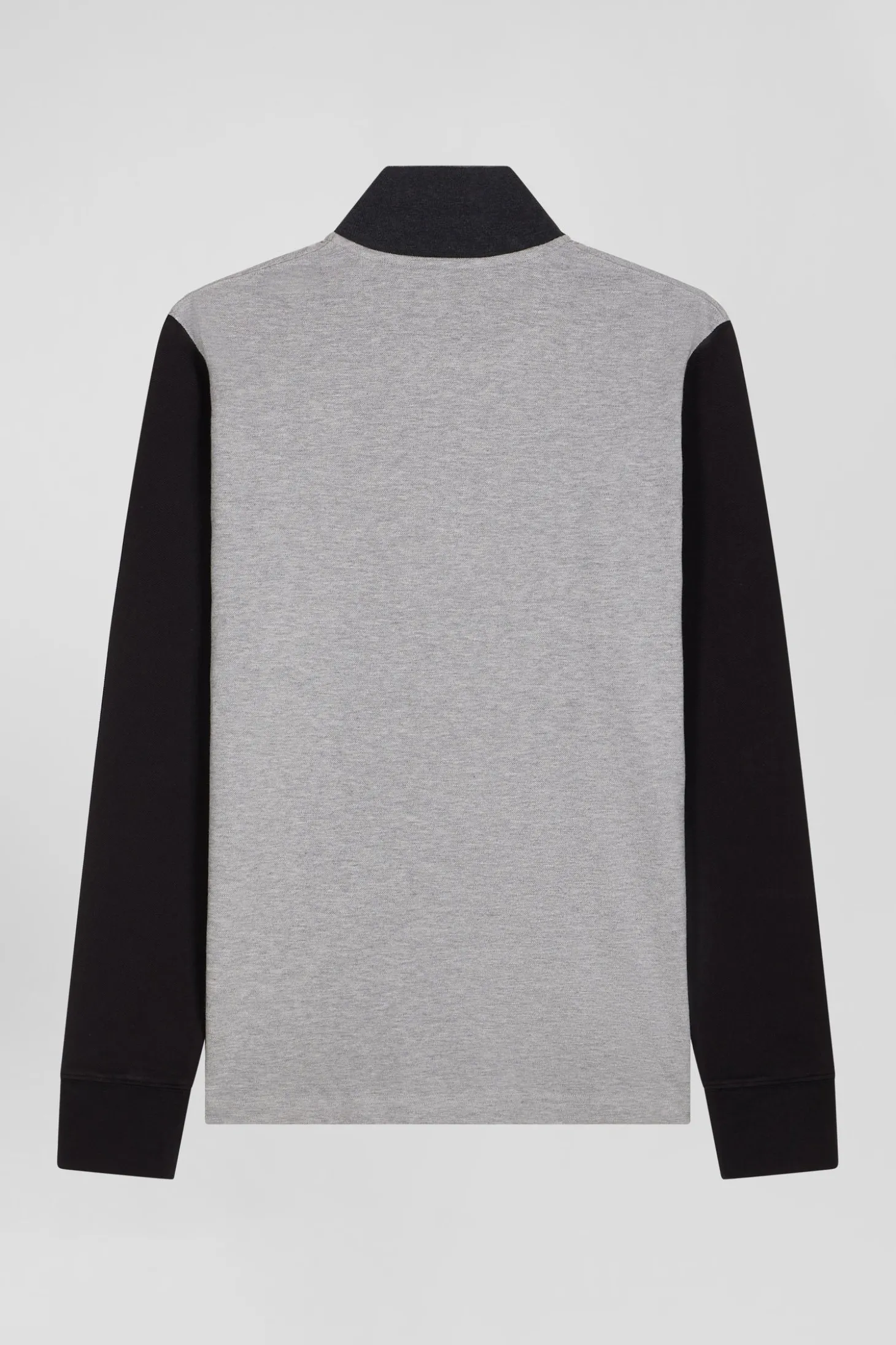 Polo manches longues en piqué coton bicolore noir col jacquard coupe Regular
