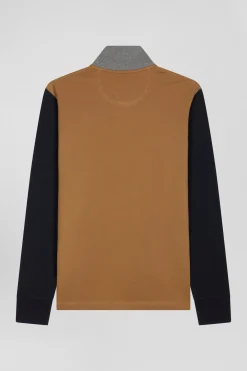Polo manches longues en piqué coton bicolore camel col jacquard coupe Regular