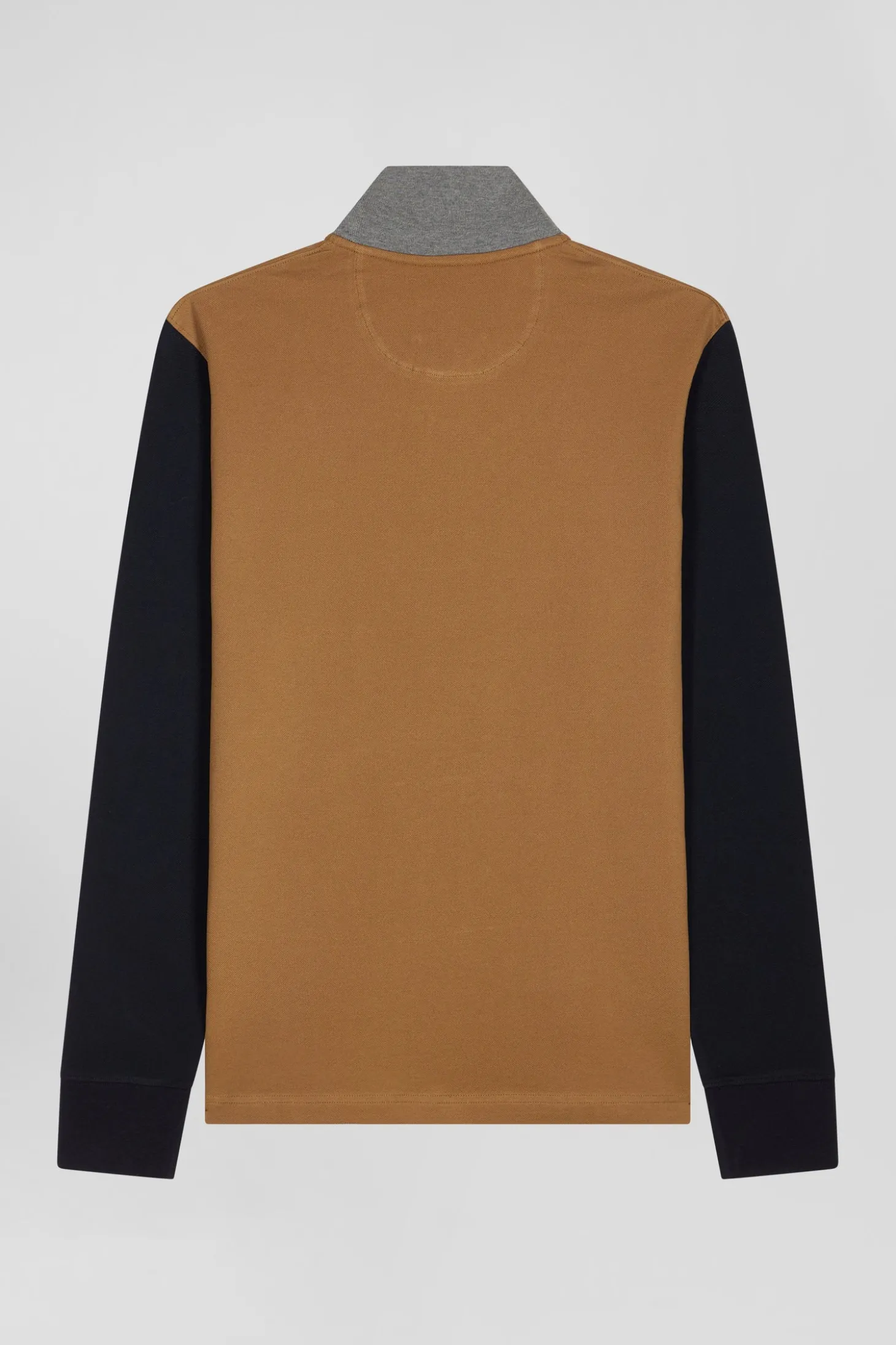Polo manches longues en piqué coton bicolore camel col jacquard coupe Regular