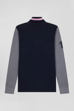 Polo manches longues en piqué coton gris broderie matelassée coupe Regular