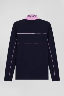 Polo manches longues en piqué coton marine passepoil rose coupe Regular