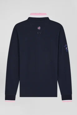 Polo manches longues en piqué coton bleu marine broderie XV de France coupe Regular