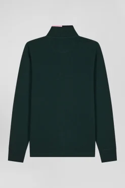 Polo manches longues en piqué coton vert détails roses coupe Regular