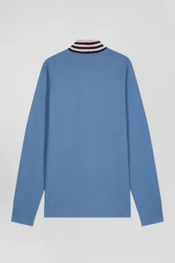 Polo manches longues en piqué coton ciel col cerclé coupe Regular