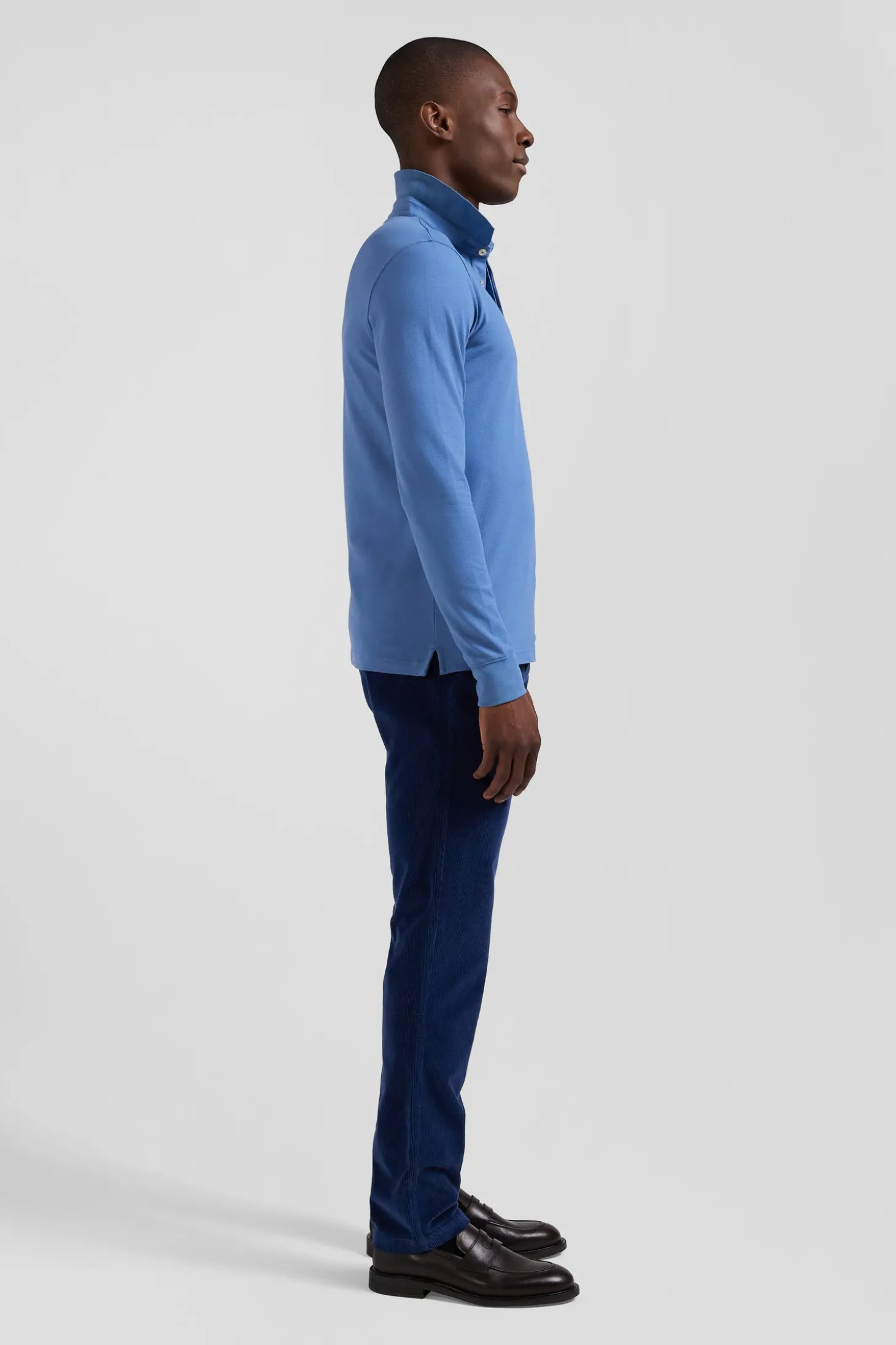 Polo manches longues en piqué coton bleu coupe Slim