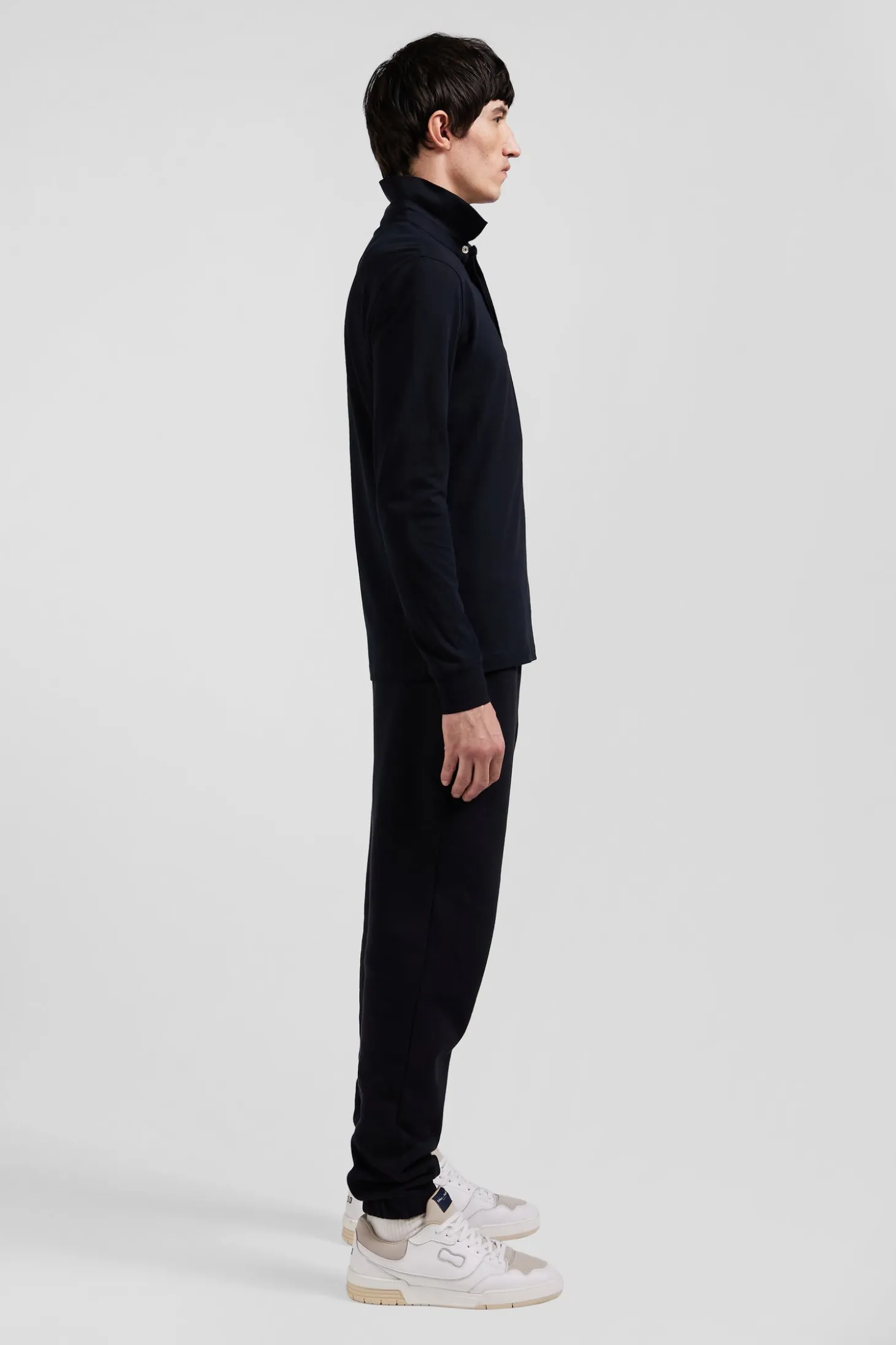 Polo manches longues en piqué coton noir coupe Slim