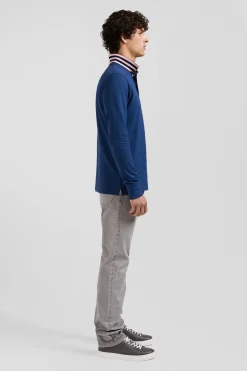 Polo manches longues en piqué coton bleu foncé col cerclé coupe Regular