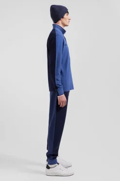 Polo manches longues en piqué coton bleu foncé détails tricolores coupe Regular