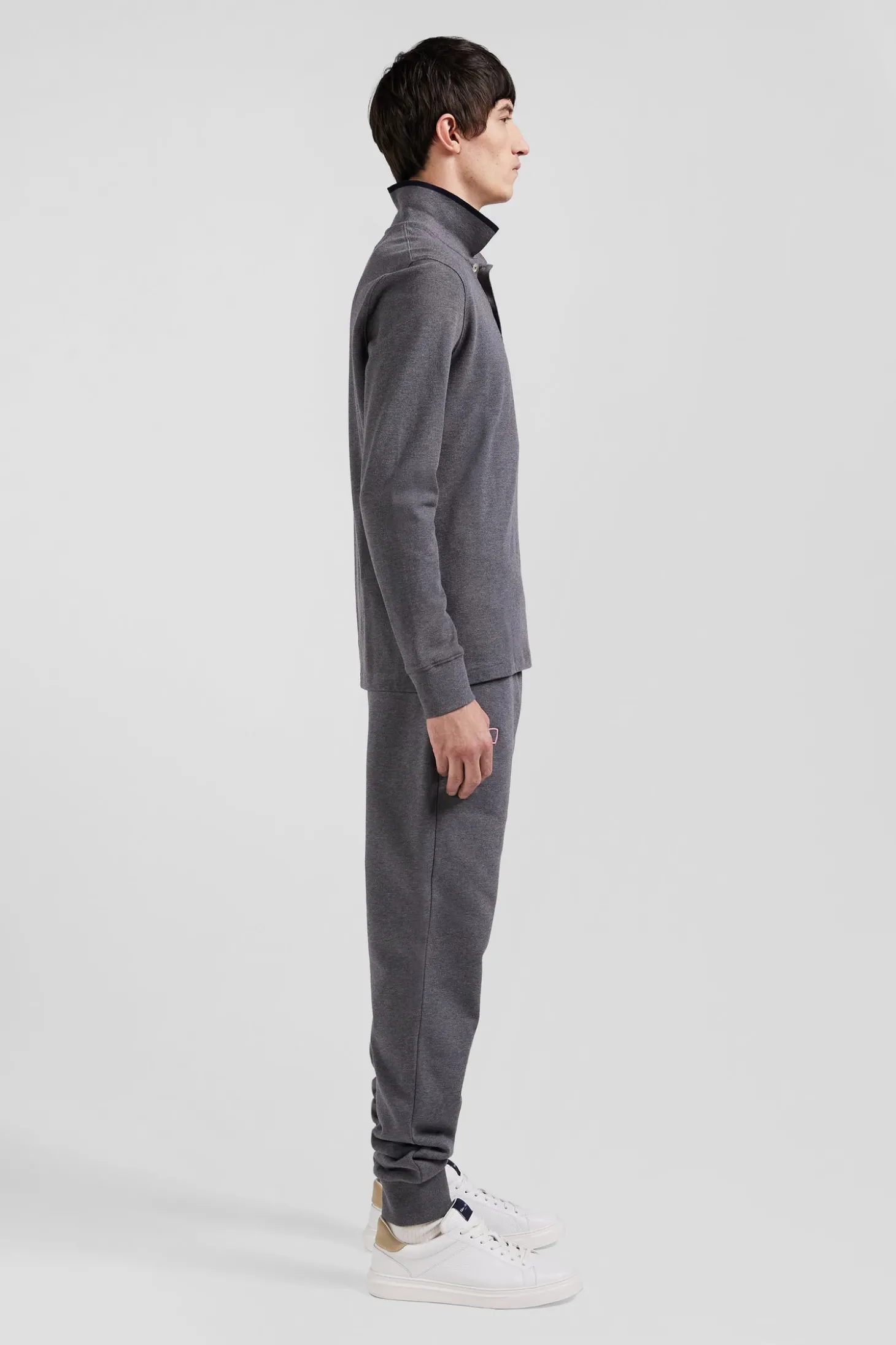 Polo manches longues en piqué coton gris détails roses coupe Regular