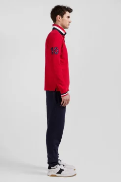 Polo manches longues en piqué coton rouge broderie XV de France coupe Regular